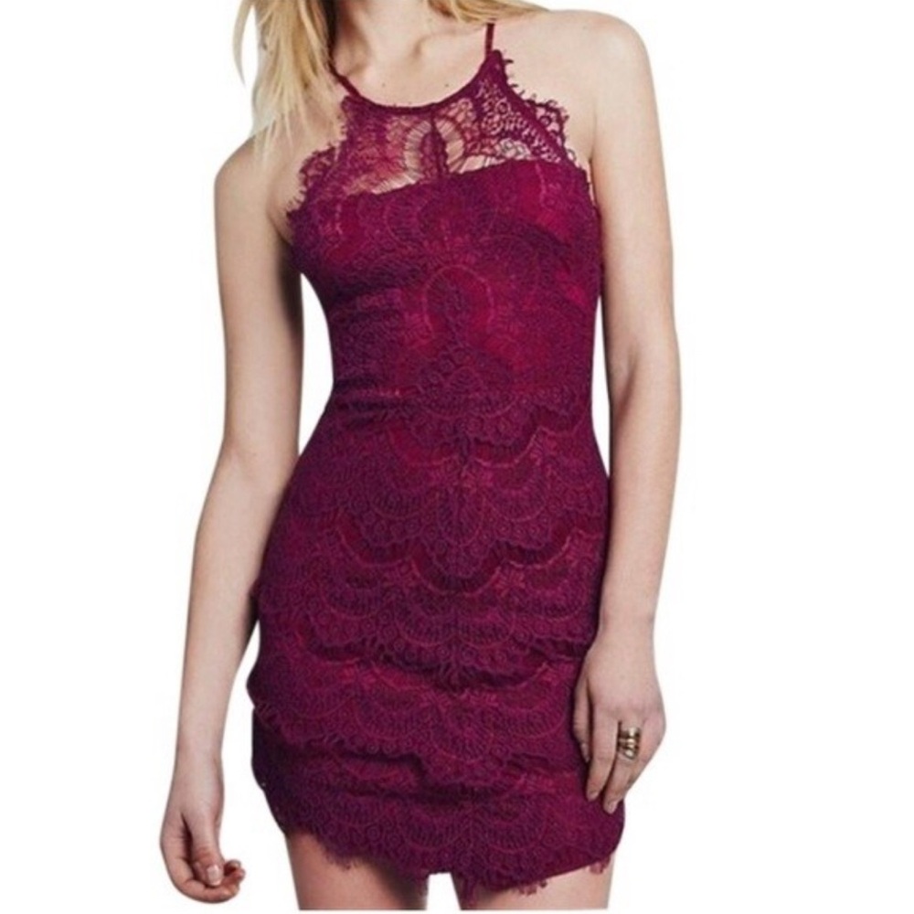 Free People 'She's Got It' Dahlia Raspberry Lace Mini Slip dress